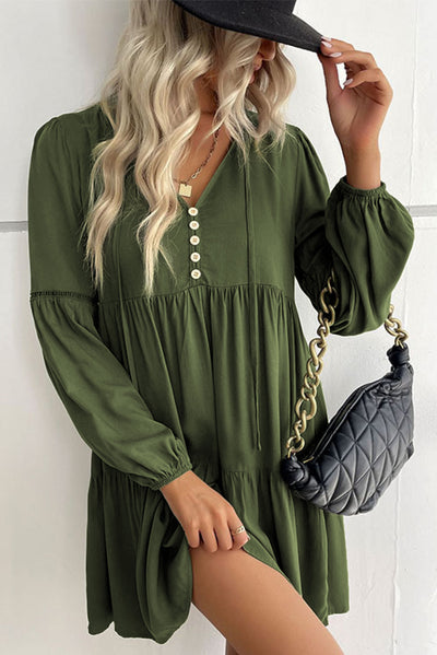 Green Lace Puff Sleeve Buttoned Tiered Ruffled Mini Dress-Dresses-MomFashion