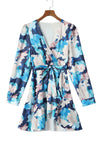 Blue Abstract Floral Long Sleeve Tied Ruffle Dress-Dresses-MomFashion