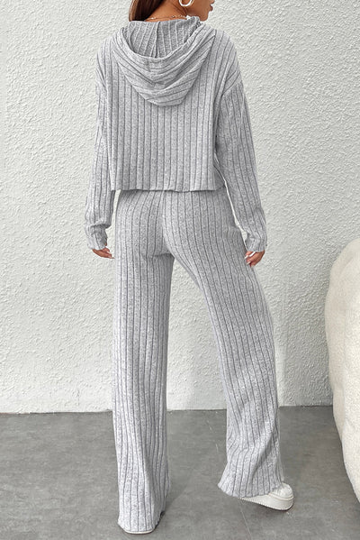 Gray Ribbed Knit Slouchy Hoodie Wide Leg Pants Set-Loungewear-MomFashion