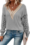 Gray Lace Splicing V Neck Puff Sleeve Top-Tops-MomFashion