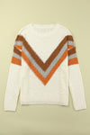 Beige Chevron Striped Drop Shoulder Sweater-Tops-MomFashion