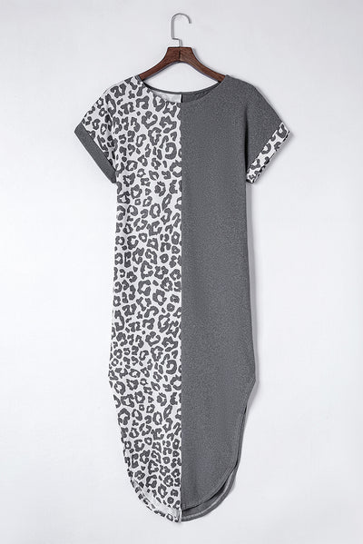 Gray Contrast Solid Leopard Short Sleeve T-shirt Dress with Slits-Dresses-MomFashion