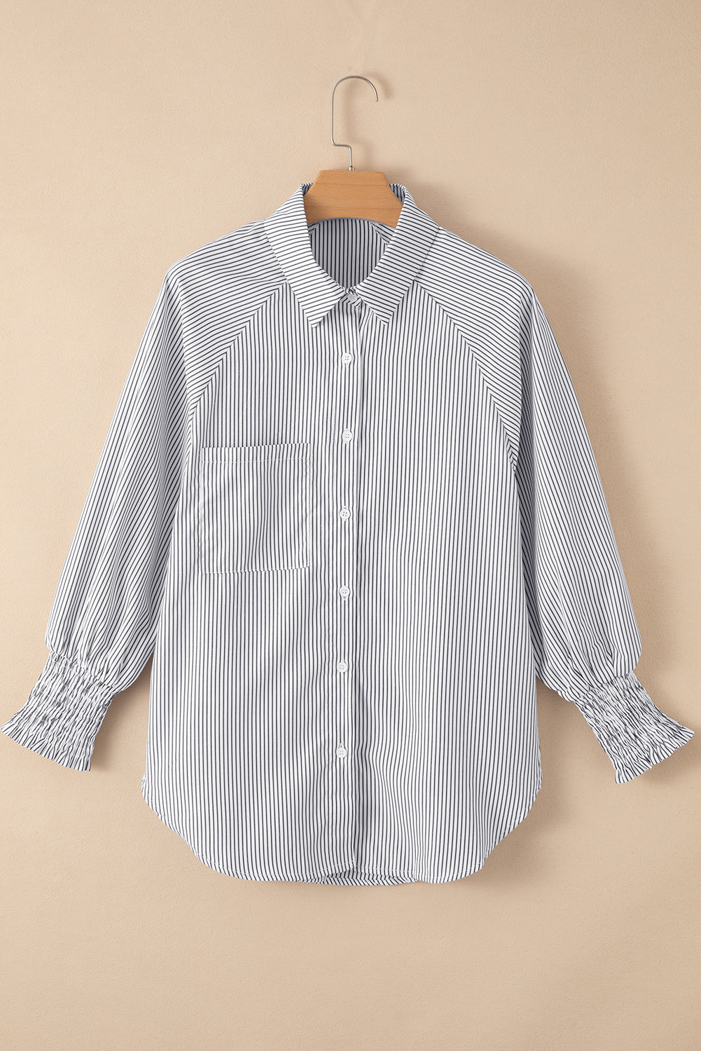 Smocked Cuffed Striped Boyfriend Shirt with Pocket-Tops-MomFashion