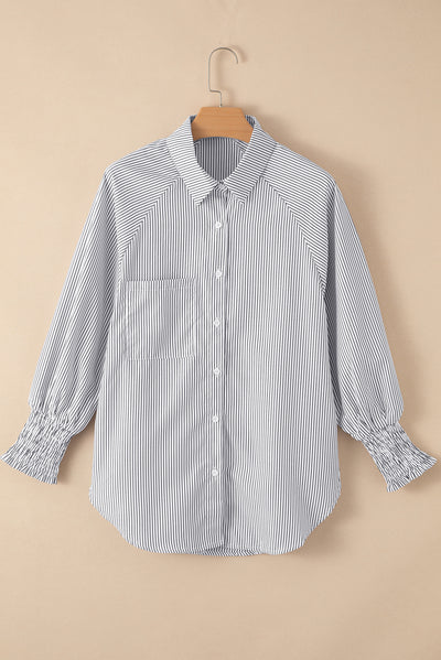 Smocked Cuffed Striped Boyfriend Shirt with Pocket-Tops-MomFashion