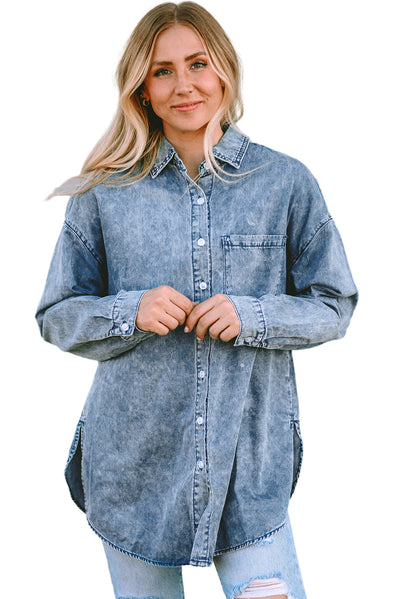 Sky Blue Vintage Washed Chest Pocket Denim Shirt-Tops-MomFashion