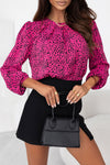 Rose Leopard Print Pleated Blouse with Keyhole-Tops-MomFashion