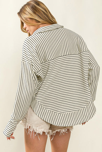 White Striped Thumbhole Drop Shoulder V Neck Top-Tops-MomFashion