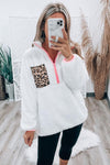 White Leopard Patch Pocket Half Zipped Fleece Sweatshirt-Tops-MomFashion