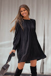 Black Solid Bishop Sleeve Pleated Mini Dress-Dresses-MomFashion