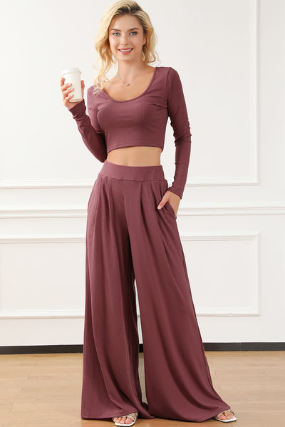 Solid Color Ribbed Crop Top Long Pants Set-Loungewear-MomFashion