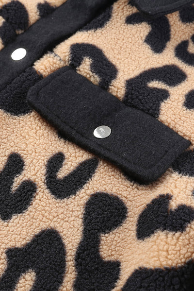 Black Contrast Trimmed Leopard Teddy Shacket-Outerwear-MomFashion