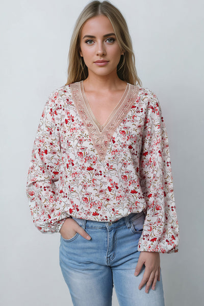 White Floral Long Sleeve Lace V-Neck Blouse-Tops-MomFashion