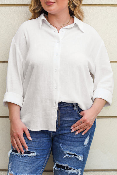 White Plus Size Linen Textured Button Up Shirt-Plus Size-MomFashion