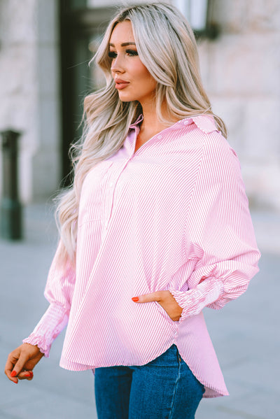 Pink Smocked Cuffed Striped Boyfriend Shirt with Pocket-Tops-MomFashion