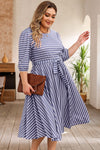 Gray Striped Tie Waist 3/4 Sleeve Plus Size Dress-Plus Size-MomFashion