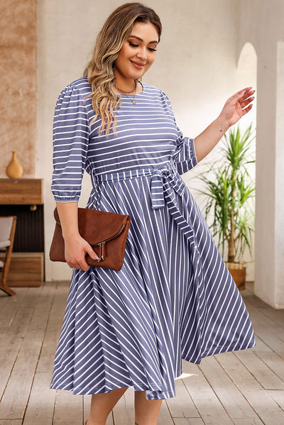 Gray Striped Tie Waist 3/4 Sleeve Plus Size Dress-Plus Size-MomFashion