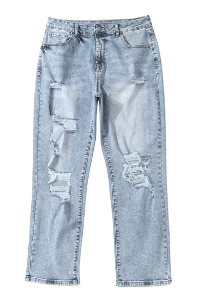 Sky Blue Light Wash Frayed Slim Fit High Waist Jeans-Bottoms-MomFashion