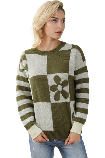 Green Checkered Floral Print Striped Sleeve Sweater-Tops-MomFashion