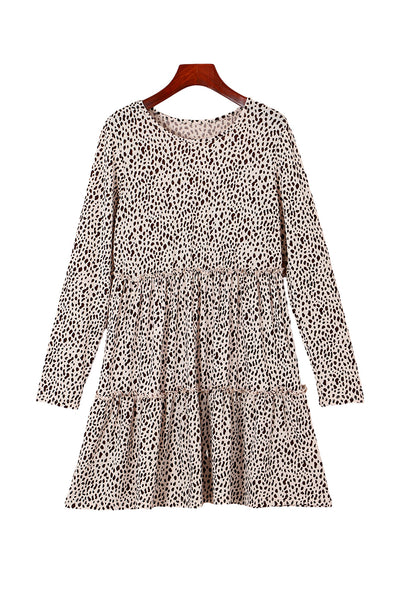 Leopard Animal Print Tiered Long Sleeve Dress-Dresses-MomFashion