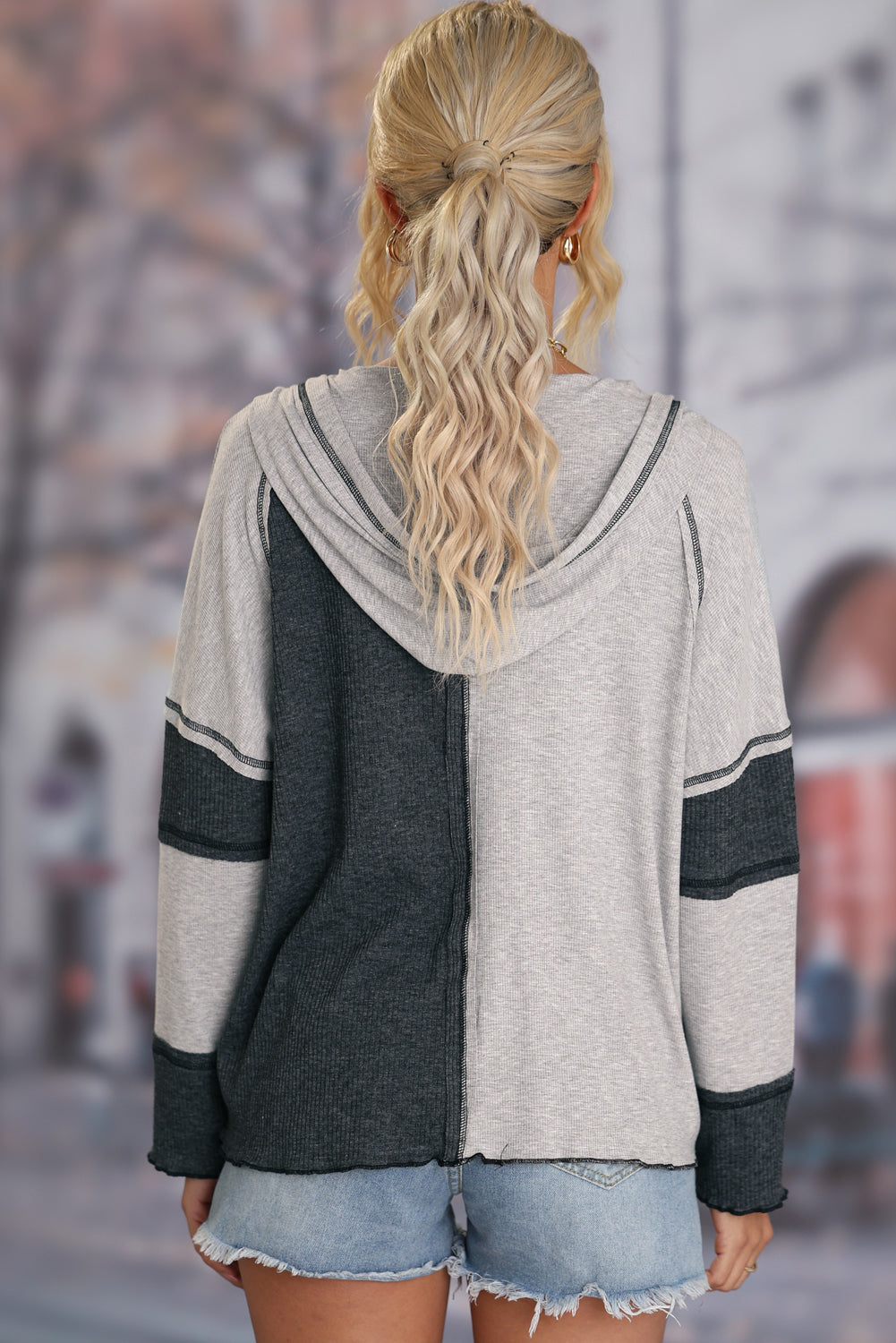 Gray Colorblock Seamed Ribbed Henley Hoodie-Tops-MomFashion