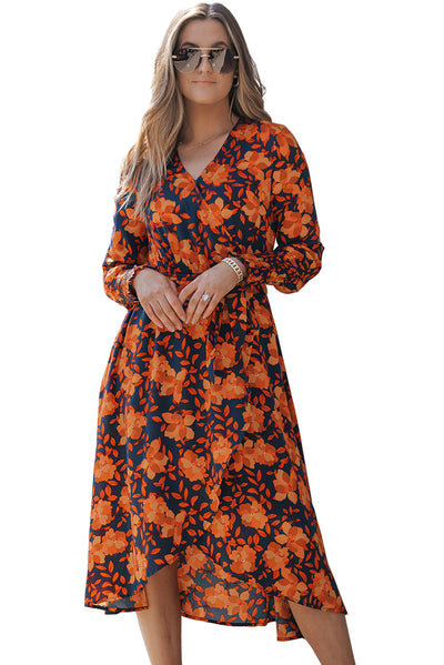 Orange Floral Print Faux Wrap Belted Dress-Dresses-MomFashion