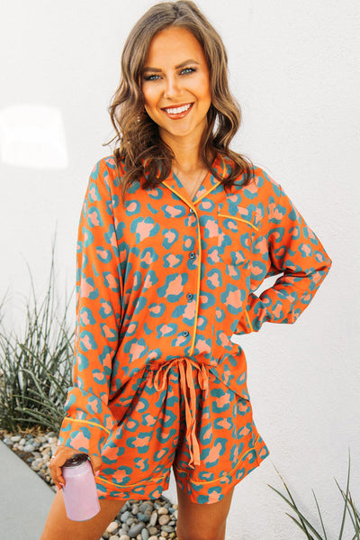 Orange Leopard Print Long Sleeve Shirt and Shorts Pajama Set-Loungewear & Sleepwear/Sleepwear-MomFashion