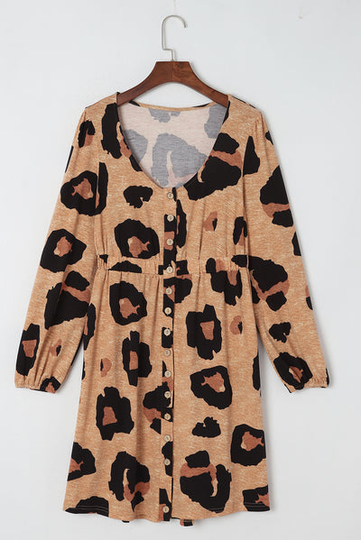 Leopard Print Button Front Bubble Sleeve Loose Knit Dress-Dresses-MomFashion