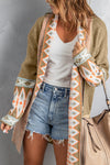 Khaki Aztec Print Open Front Knitted Cardigan-Tops-MomFashion