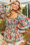 Printed Floral Print Smocked Puff Sleeve Peplum Blouse-Tops-MomFashion