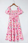 Pink Brush Stroke Printed Smocked Ruffle Tiered Dress-Dresses-MomFashion