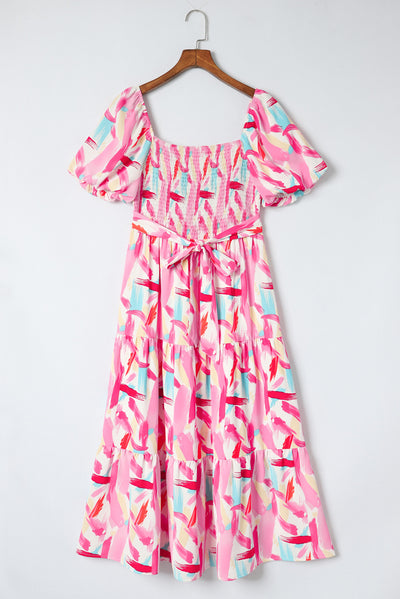 Pink Brush Stroke Printed Smocked Ruffle Tiered Dress-Dresses-MomFashion