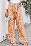 Grapefruit Orange Tie Waist Boho Floral Wide Leg Pants-Bottoms-MomFashion