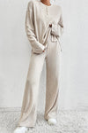 Beige Ribbed Drop Shoulder Henley Top Wide Leg Pants Set-Loungewear-MomFashion