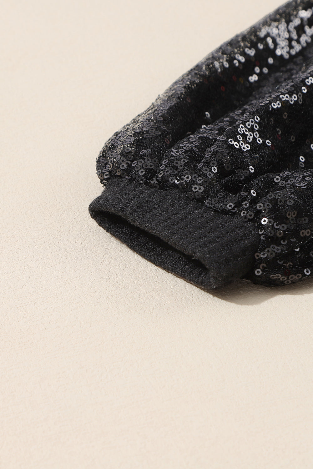 Black Sequin Patchwork Sleeve Open Back Waffle Knit Top-Tops-MomFashion