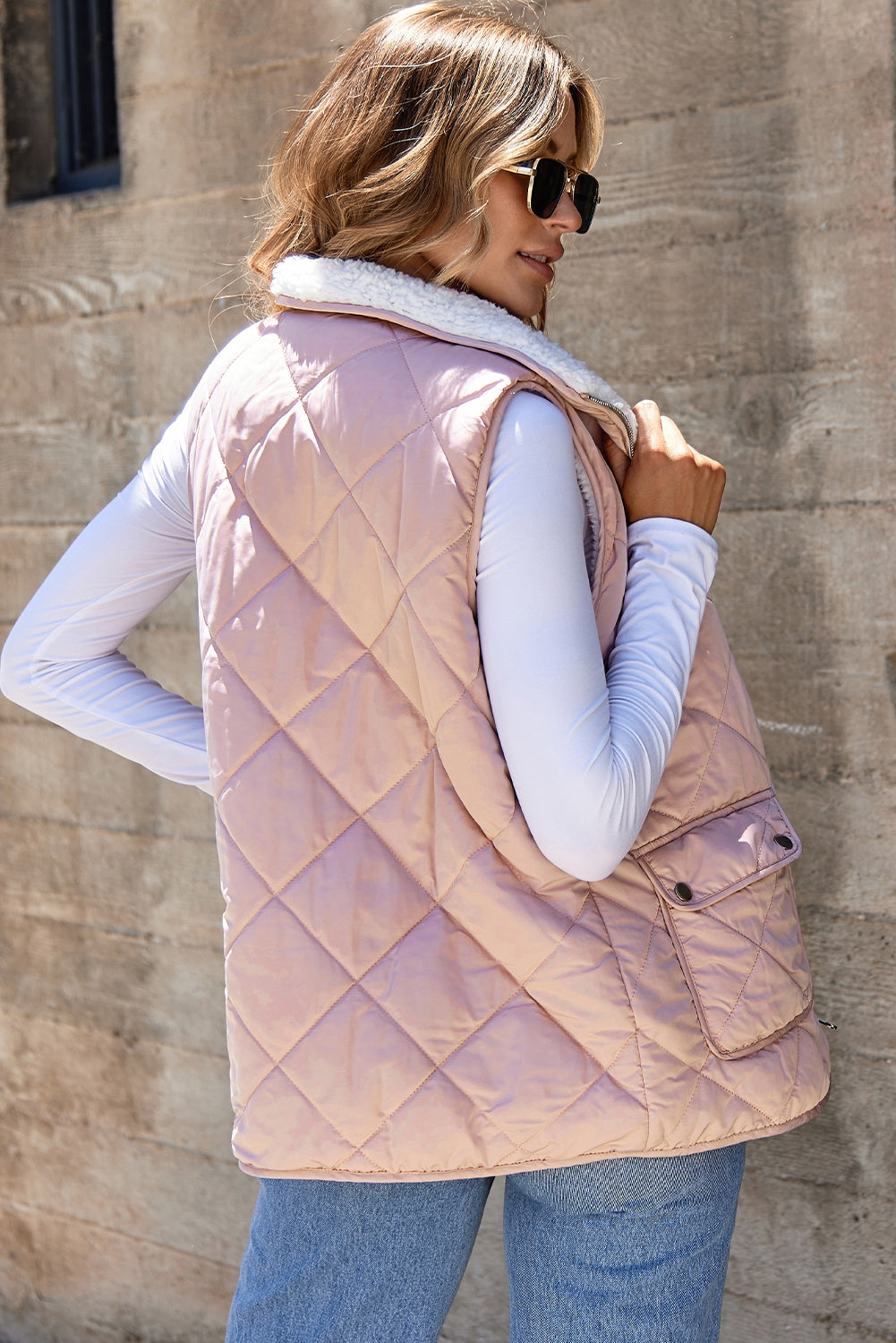 Pink Fleece Lined Quilted Vest Coats-Outerwear-MomFashion