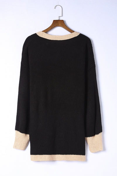 Black Contrast Trim Open Front Lantern Sleeves Cardigan-Tops-MomFashion