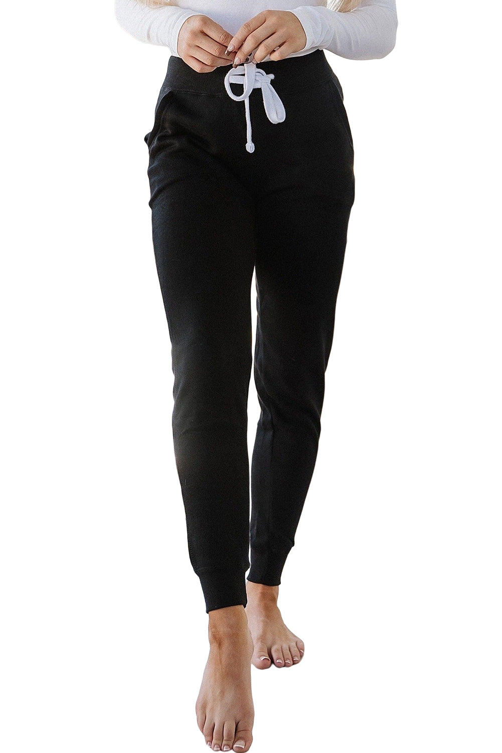 Black Drawstring Waist Pocketed Joggers-Bottoms-MomFashion