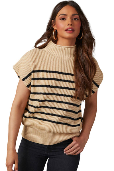 Parchment Striped Ribbed Knit High Neck Sweater-Tops-MomFashion