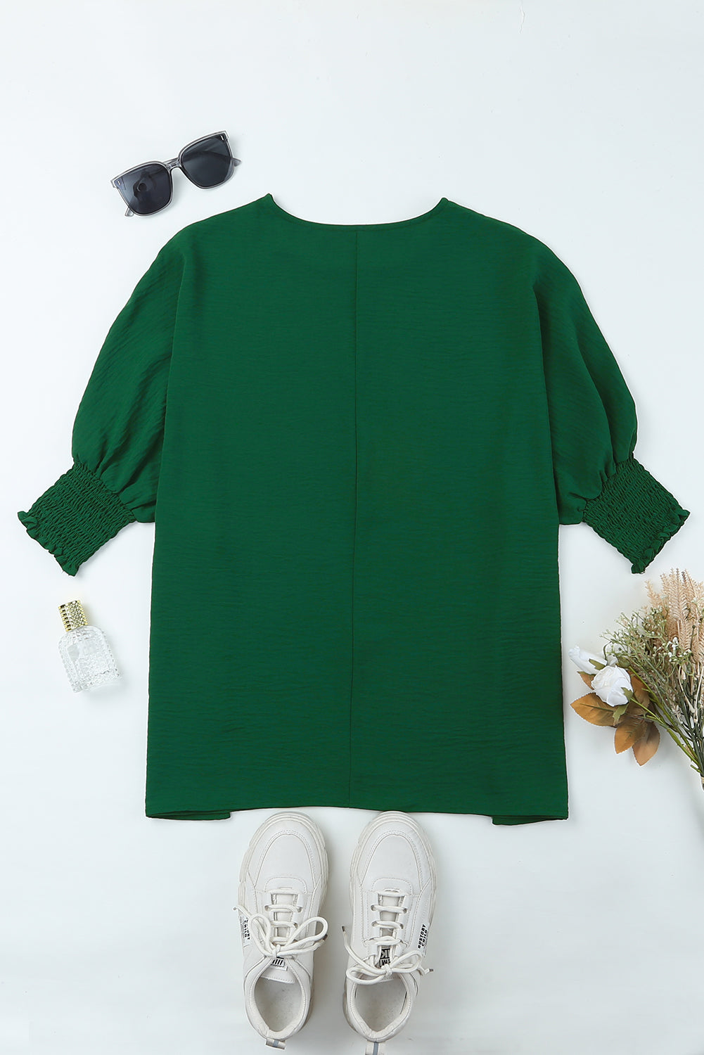 Green Smocked Wrist Shift Top-Tops-MomFashion