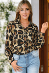 Leopard Bishop Sleeve Button up Turn Down Collar Shirt-Tops-MomFashion