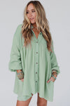 Green Patchwork Crinkle Puff Sleeve Shirt Dress-Dresses-MomFashion