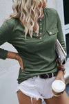 Mist Green Long Sleeve Snap Button Henley Top-Tops-MomFashion