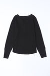 Black Trimmed Neckline Waffle Knit Henley Top-Tops-MomFashion