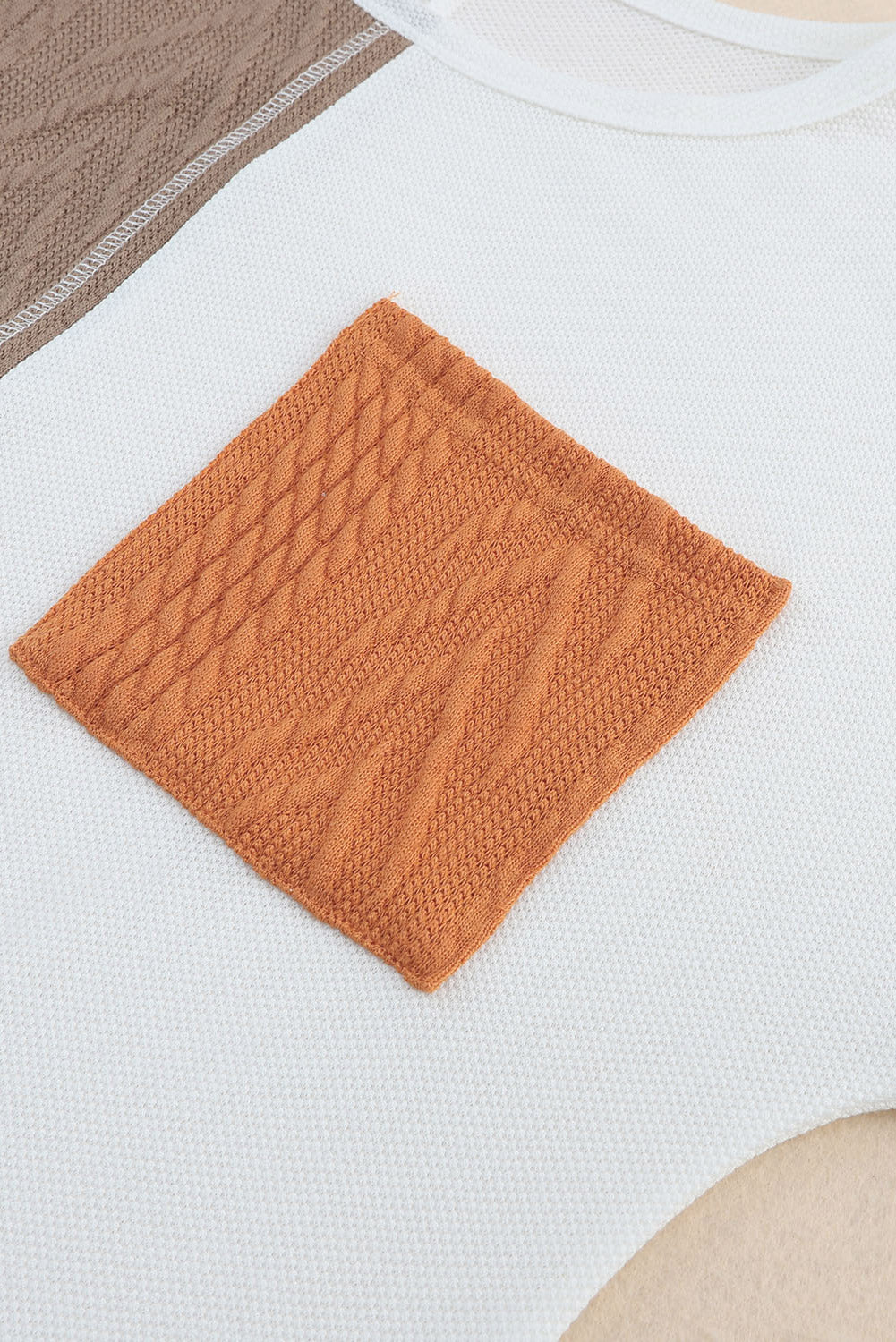 Orange Long Sleeve Colorblock Chest Pocket Textured Knit Top-Tops-MomFashion