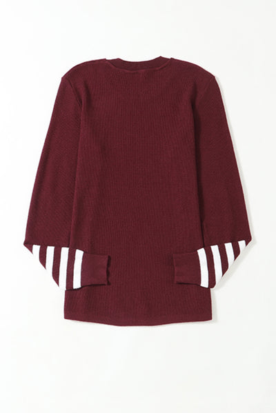 Red Striped Sleeve Plain Knit Sweater-Tops-MomFashion