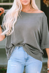 Gray Boatneck Batwing Sleeve Cording Blouse-Tops-MomFashion