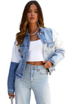 Sky Blue Color Block Denim Patchwork Frayed Hem Jacket-Outerwear-MomFashion