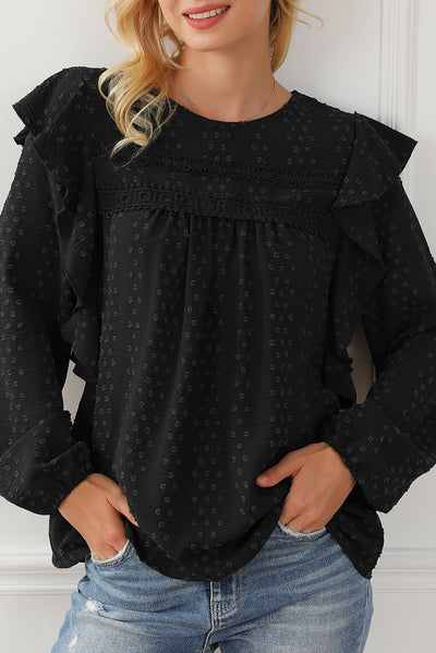 Black Lace Eyelet Ruffle Shoulder Long Sleeve Blouse-Tops-MomFashion