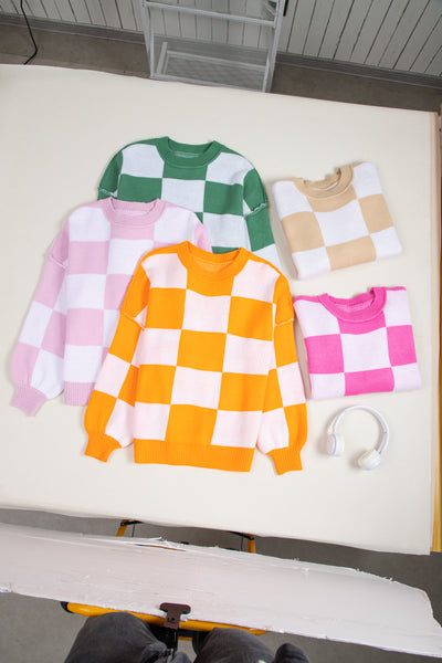 Orange Checkered Bishop Sleeve Sweater-Tops-MomFashion