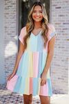 Multicolor Striped Color Block Tiered Mini Dress-Dresses-MomFashion